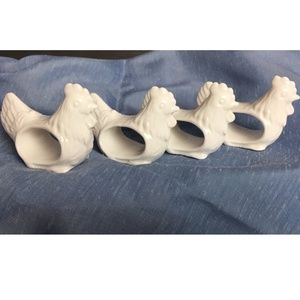 White Ceramic Rooster Napkin Rings Set of 4